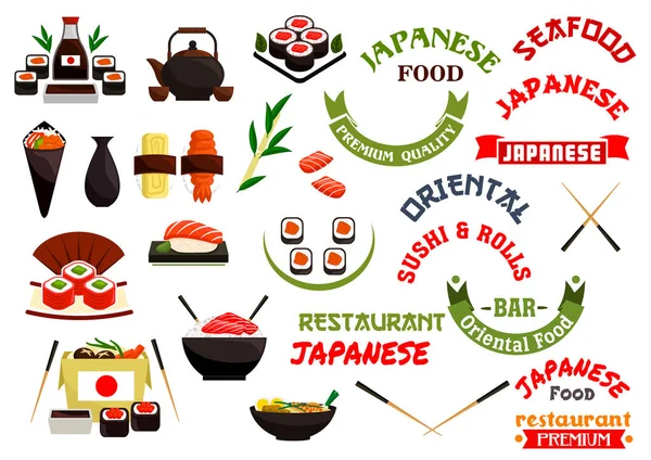 Japanese cuisine restaurant vector labels, ribbons — Stock Vector