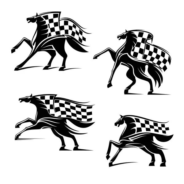 Emblemas deportivos de carreras. Correr caballos con banderas — Vector de stock