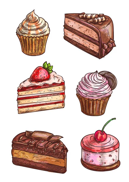 Patisserie zoete desserts scketch pictogrammen — Stockvector