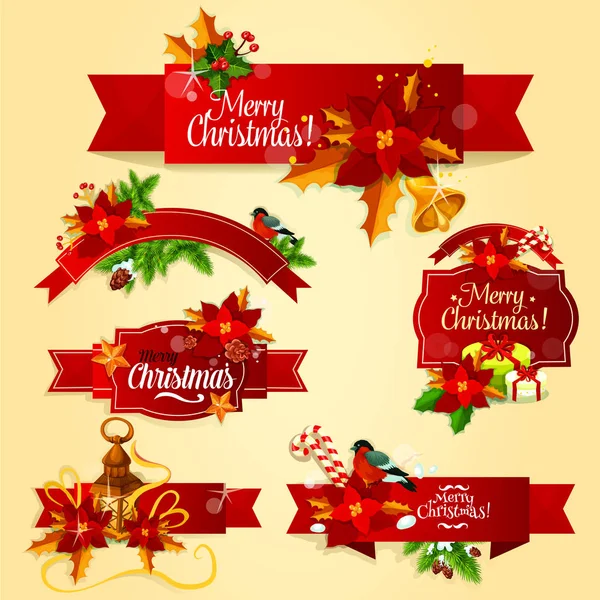 Banner de cinta roja de Navidad y conjunto de etiquetas — Archivo Imágenes Vectoriales