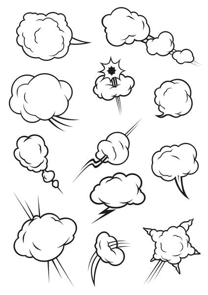 Hinchando, explotando, humeante iconos de dibujos animados de nubes — Vector de stock