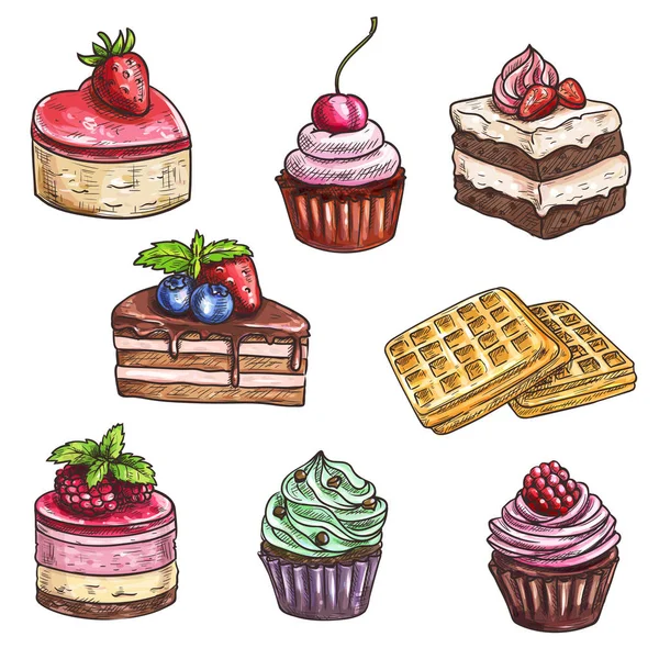 Dessert taarten, cupcakes geïsoleerde vector schets — Stockvector