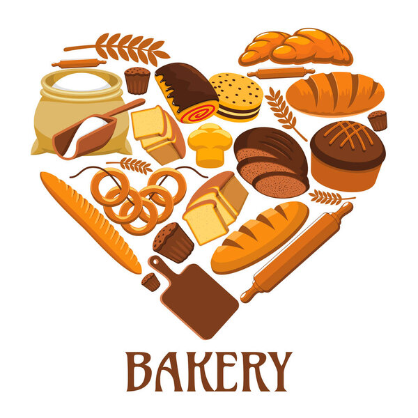 Bakery heart sign of bread, pastry, dessets