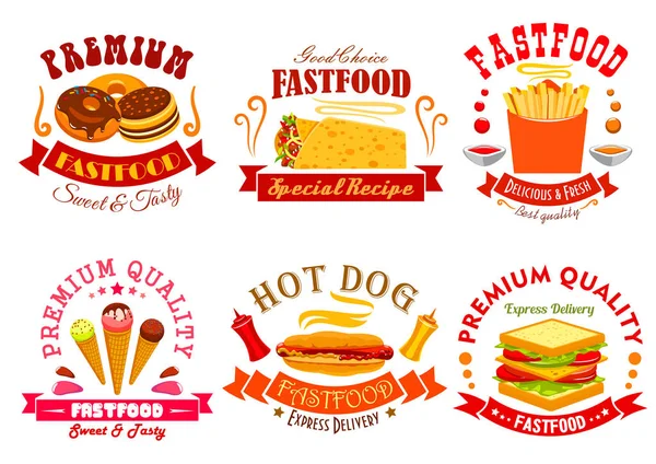 Snabbmat-menyn ikoner, etiketter, emblem set — Stock vektor