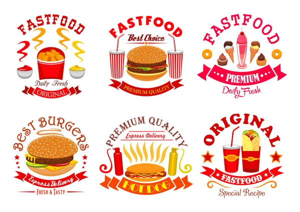 Spuntino fast food, cartelli menu dessert, set icone — Vettoriale Stock