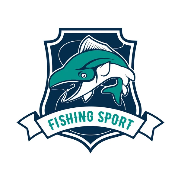 Ψάρεμα sport club με ψάρια τόνου εικονίδιο σήμα — Διανυσματικό Αρχείο