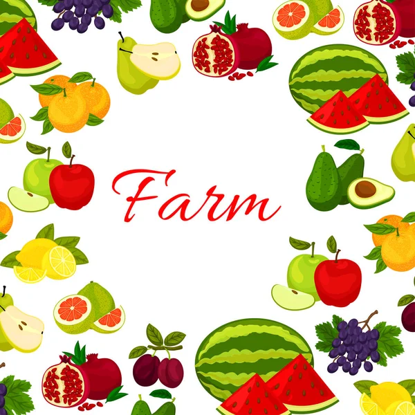 Frukt affisch. Färsk gård frukt ikoner i rund ram — Stock vektor