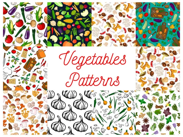 Verduras, hierbas, hongos patrones sin costura conjunto — Archivo Imágenes Vectoriales