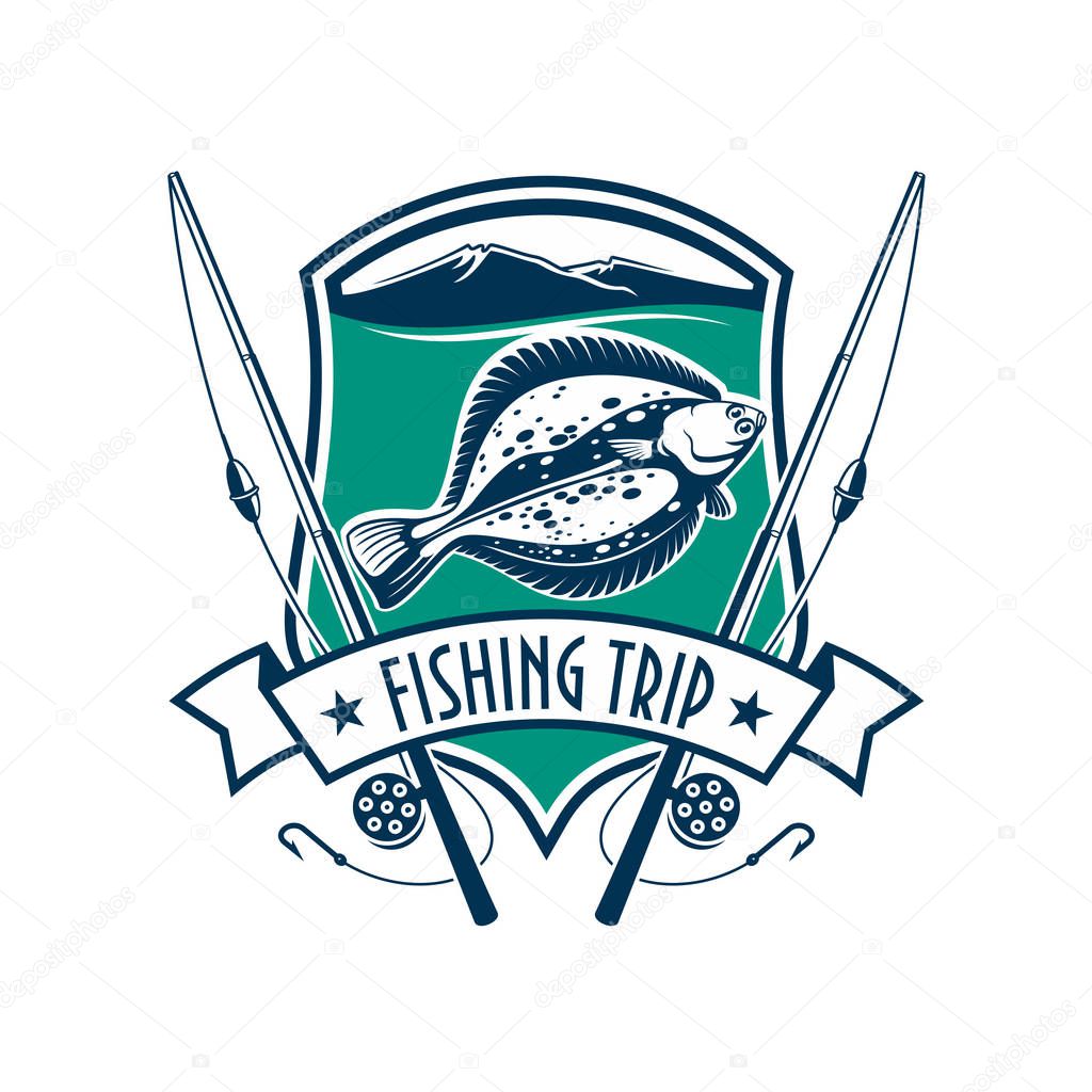 Fishing emblem with icons of fish, fishing rod. Vector sign for fisherman camp sport club, fishing tour trip with marine shield, ribbon, star, flounder fish