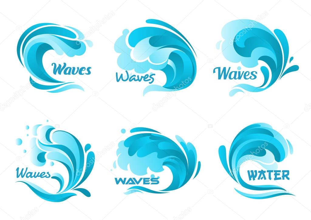 Water waves splash. Vector ocean wave isolated icons. Blue water wave graphic sign for decoration. Waves of sea tide, storm, foamy splash symbols