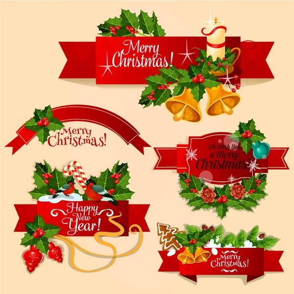 Christmas and New Year red ribbon banner set — Stock Vector