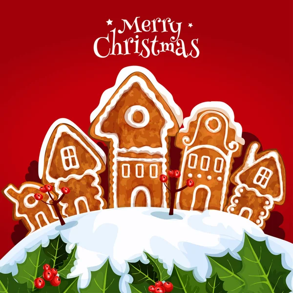 Rue de Noël avec maison en pain d'épice, arbre de houx — Image vectorielle
