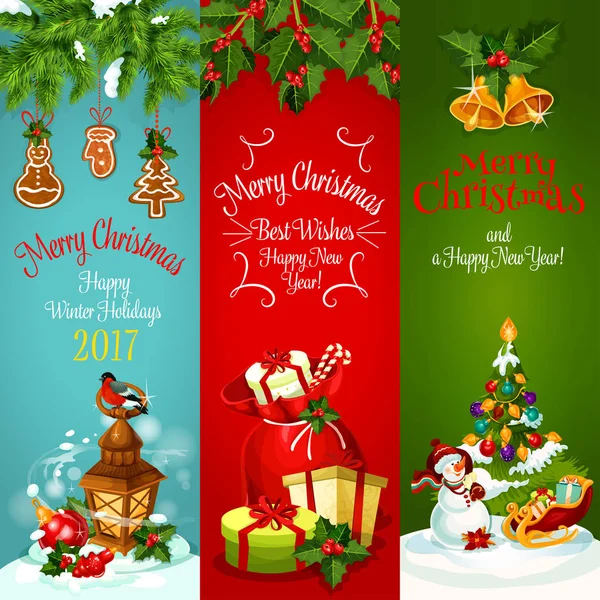Navidad, vacaciones de Año Nuevo conjunto de pancartas de felicitación — Archivo Imágenes Vectoriales
