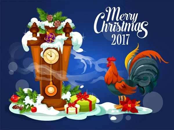 Tarjeta Feliz Navidad con gallo y caja de regalo — Vector de stock