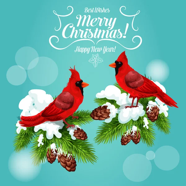 Christmas card with cardinal bird on pine tree — Stock Vector
