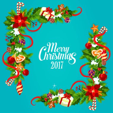 Noel kartı holly ve çam garland köşesi