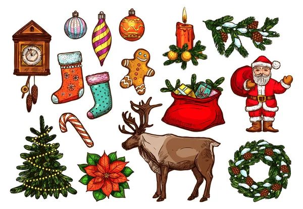 Navidad y Año Nuevo conjunto de bocetos de vacaciones — Vector de stock
