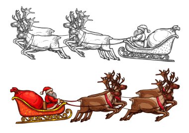 Noel Baba Ren geyiği kızağı, Hediyelik çanta çuval vektör kroki