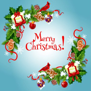 Neşeli Noel köknar, holly yay garlnds kartı