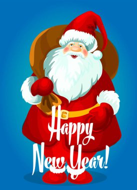 Mutlu yeni yıl vektör kartı. Noel Baba hediye çanta ile