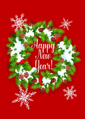 Çam, köknar çelenk. Mutlu yeni yıl tebrik kartı