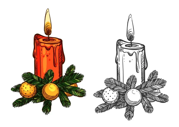 크리스마스 파인 트리 활, 촛불 고립 된 스케치 — 스톡 벡터