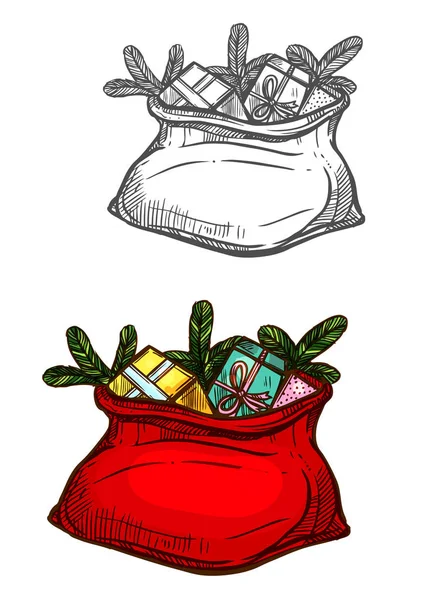 Navidad Santa regalos saco bolso aislado boceto — Vector de stock