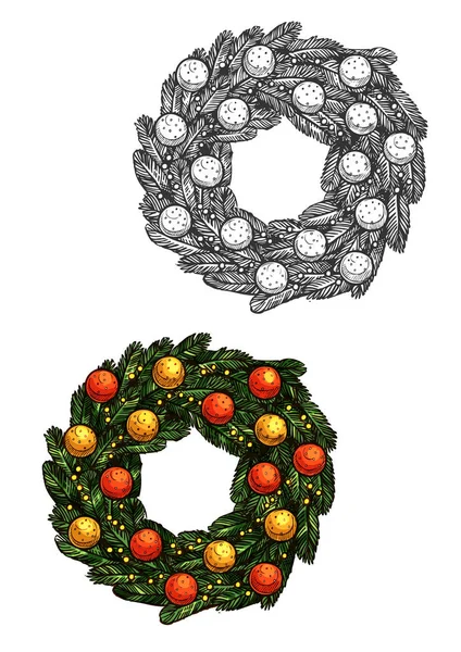 Christmas fir wreath with balls vector sketch — Stock Vector