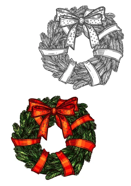 Vánoční věnec skica ikona s červenou stužkou — Stockový vektor