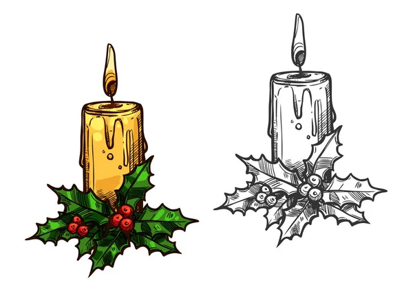 Vánoční svíčka strom světla na holly opouští skica — Stockový vektor