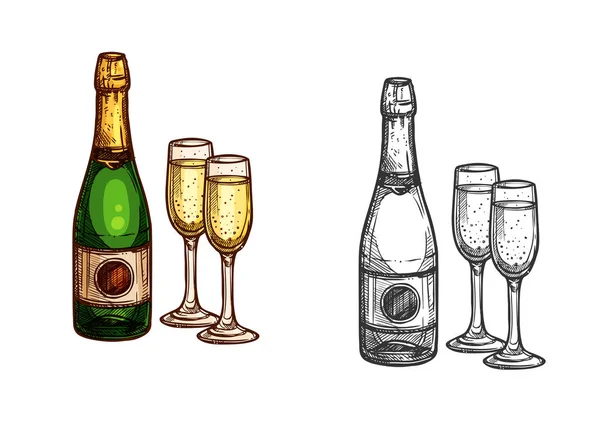 Boże Narodzenie, nowy rok szampana butelek, szkic szkło — Wektor stockowy