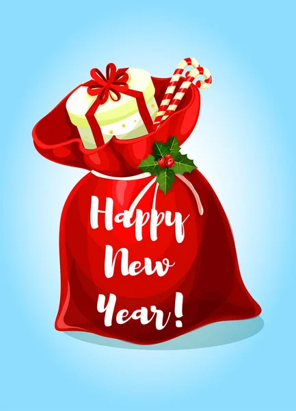 Happy New Year greeting poster. Santa gifts bag — Stock Vector