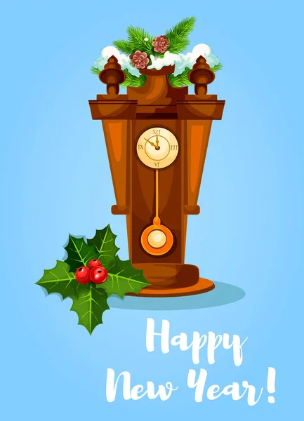 Feliz año nuevo cartel. Holly, reloj de péndulo — Archivo Imágenes Vectoriales