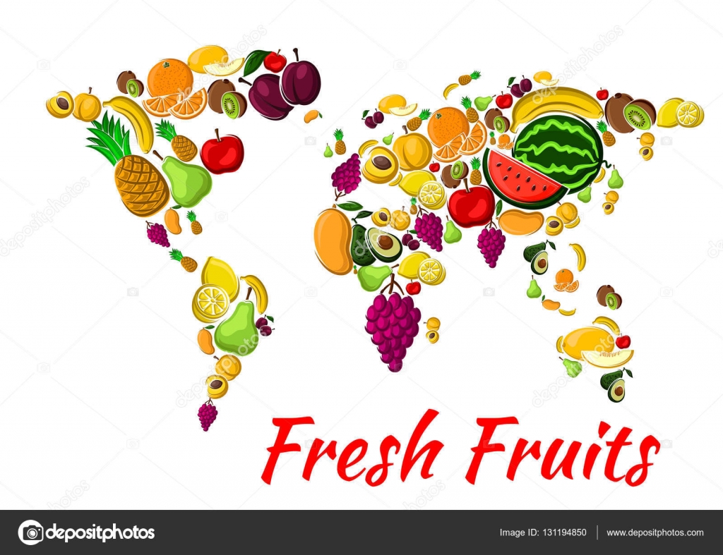 Mappa del mondo di frutta con succo d arancia fresco banana mela mango limone e uva ananas e pesca prugna e kiwi pera albicocca e avocado anguria