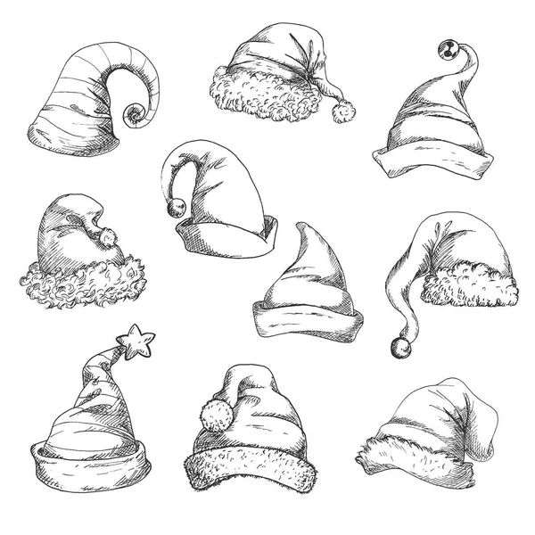 Weihnachtsmann Hüte Bleistift Skizze Symbole — Stockvektor