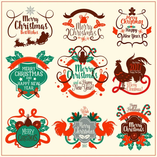 Karácsonyi és újévi vintage jelvény készlet — Stock Vector