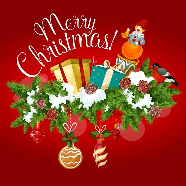Weihnachtsgrußkarte mit Weihnachtsbaum, Geschenk, Spielzeug — Stockvektor