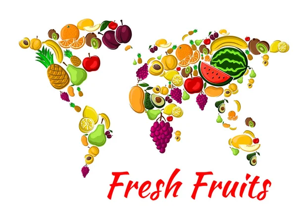 Mapa do mundo com frutas para design de alimentos — Vetor de Stock