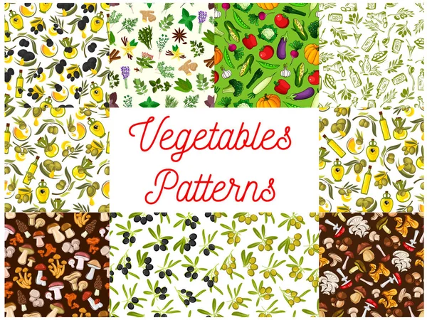 Grönsaker, svamp, olivolja, krydda sömlösa mönster — Stock vektor