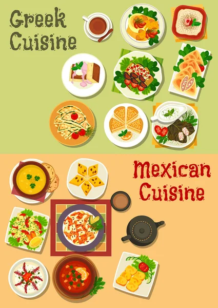 Ikone der mexikanischen und griechischen Küche für Food Design — Stockvektor