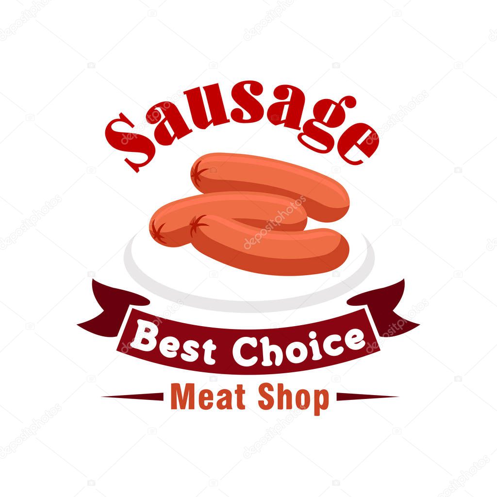 Beef sausage isolated sign with fresh frankfurter on plate, framed by red ribbon banner and header. Meat shop, butchery or livestock farm design