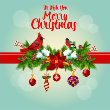Neşeli Noel holly garland ve Kardinal kuşlar