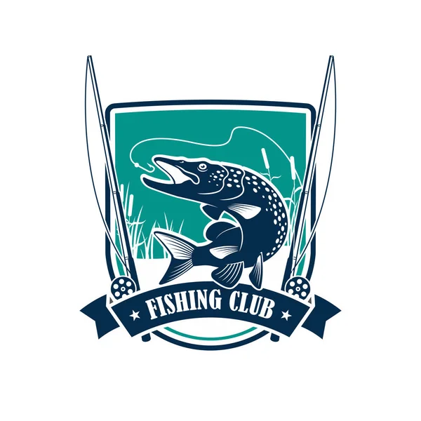 Clube de pesca símbolo heráldico com peixe de lúcio — Vetor de Stock