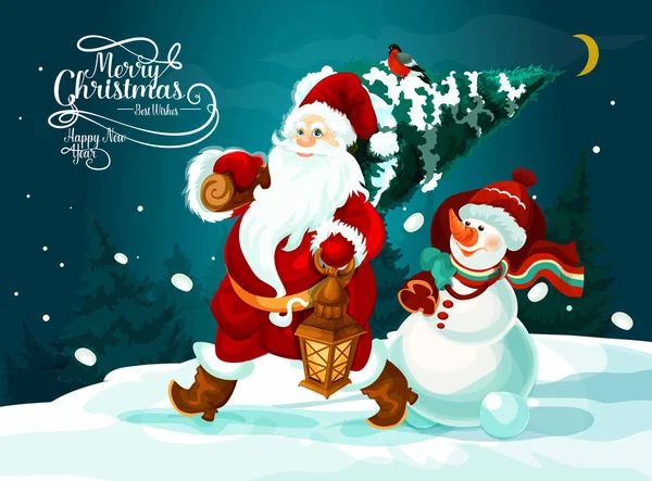Weihnachtsmann und Schneemann mit Weihnachtsbaum und Geschenkkarte — Stockvektor