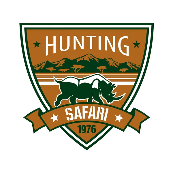 Caza, safari insignia heráldica con rinoceronte africano — Vector de stock