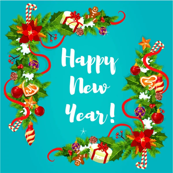 Cartaz de Ano Novo com canto azevinho e pinho —  Vetores de Stock