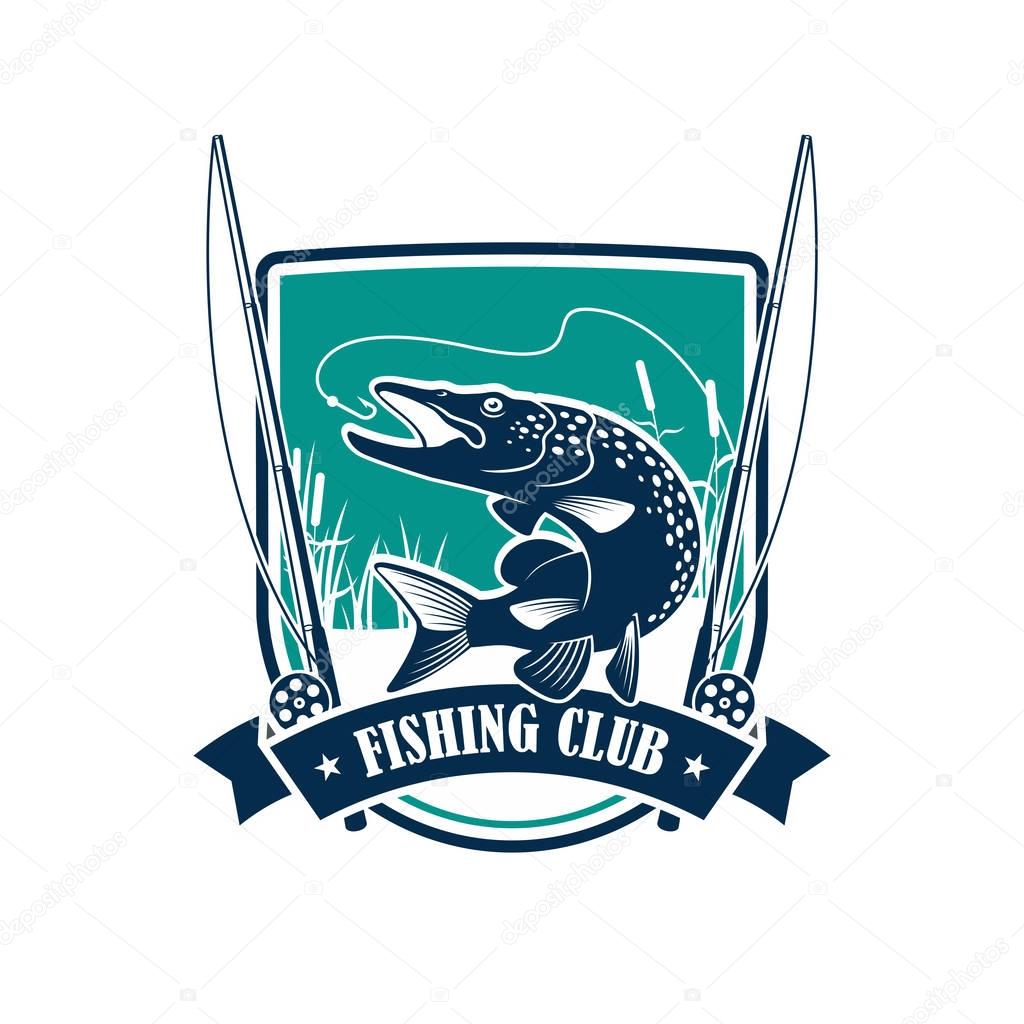 Fishing club symbol on heraldic shield. Pike fish leaping out of the water with a river landscape on the background, flanked by fishing rod and ribbon banner. Fishing trip, sporting design
