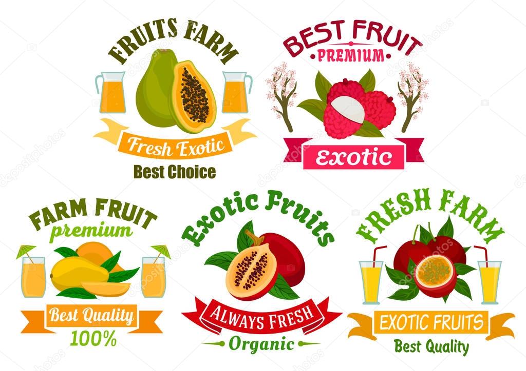 Exotic fruit sign and badge set. Tropical mango, papaya, passion fruit, lychee and tamarillo fruit and juice symbol with ribbon banner. Organic farm, food and juice packaging design