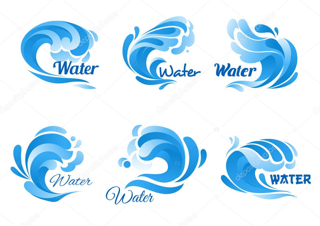 Wave of blue sea or ocean water icon set. Swirl of water wave symbol with drop and splash. Marine, nature, ecology themes design