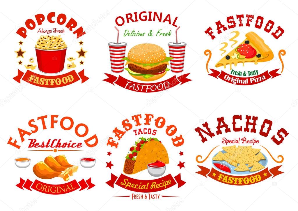 Fast food cafe badge set. Hamburger, pizza, soda cup, tacos, fried chicken, nachos and popcorn takeaway dishes symbol. American, mexican and italian fast food design